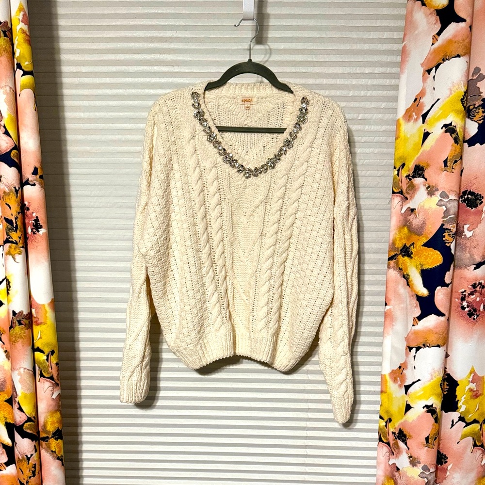 Like new cream embellished V neck chunky sweater large